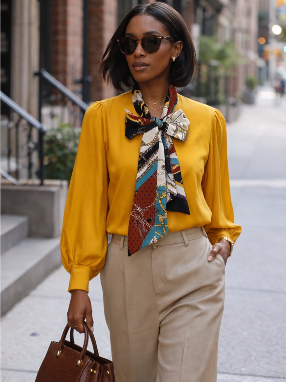 Elegant Mustard Bow Blouse - Women Tops